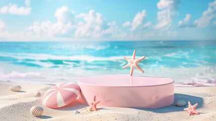 Poster - A serene beach scene features a pink pedestal, starfish, and seashells, with calm blue ocean waters and a clear sky in the backdrop.