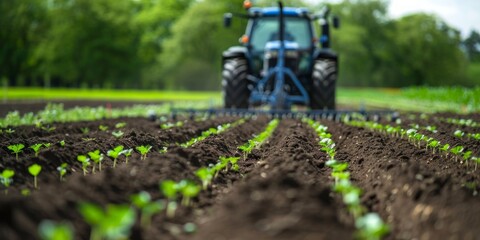 powerful tractor traverses a lush field of crops, harvesting the bountiful produce under the vast blue sky.