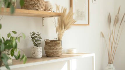 Wall Mural - A minimalistic room showcased with wooden shelves adorned with decorative plants and baskets, illuminated by warm sunlight creating a serene ambiance.