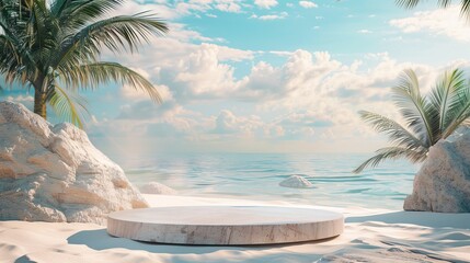 Sticker - A serene tropical beach scene showcasing a pristine white sandy shore dotted with palm trees, under a clear blue sky, and a stylish round platform on the sand.