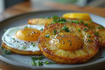 Wall Mural - A plate of eggs and potatoes with a sprinkle of parsley