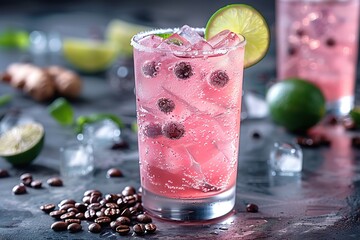 Wall Mural - A glass of pink drink with ice and a lime slice