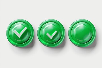 Three green buttons with white checkmarks, arranged in a row on a white background. Generative AI