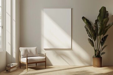 Wall Mural - A modern, minimalist living space features a comfortable chair, large blank canvas, potted plant, and sunlit ambiance from a nearby window.