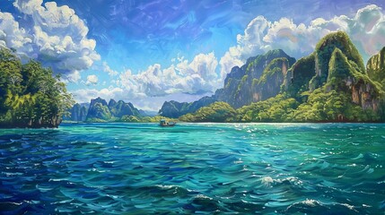 Canvas Print - A beautiful painting depicting a tropical seascape with azure waters, rugged cliffs, and lush greenery basking under a bright, sunny sky, creating a picturesque and relaxing scene.