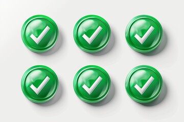 Poster - Six 3D green check mark buttons on a white background. Generative AI