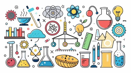 beautifully detailed, isolated hand-drawn collection of scientific symbols and formulas on white background., science, hand drawn, scientific symbols, white background