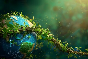 Wall Mural - A digital vine wrapping around a globe, depicting the integration of nature and global tech networks.