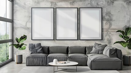 Sticker - This modern living room features a gray sectional sofa, indoor plants, and three blank art frames on a stylish concrete wall, offering a minimalist aesthetic.