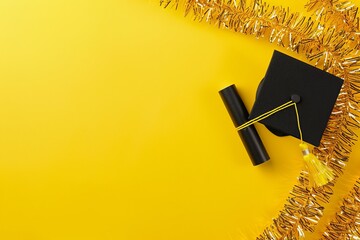 This vibrant image displays a graduation cap and rolled-up diploma against a bright yellow backdrop, adorned with a sparkling golden garland signifying celebration.