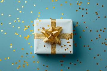 This image shows a white gift box, beautifully wrapped with a golden bow, placed on a blue surface, surrounded by scattered confetti, signifying celebration and joy.