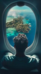 Wall Mural - An individual gazes out an airplane window, admiring the breathtaking view of a tropical island with clear turquoise waters and lush greenery below, reflecting wonder and awe.