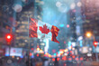 © Alexey - Canada Day background with Canadian flag against blurry city. Copy space. Work and tourism in Canada illustration.