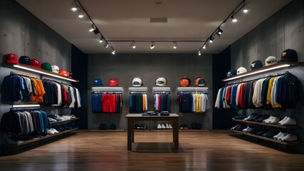 Sports clothes apparel collection in a sports store, sales and marketing, branding