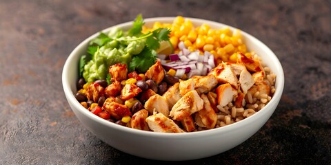 Wall Mural - Enjoy a delicious homemade Mexican chicken burrito bowl filled with vibrant flavors. Concept Mexican Cuisine, Homemade Cooking, Chicken Burrito Bowl, Vibrant Flavors, Delicious Dish