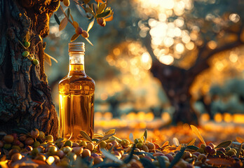 Bottle of olive oil with olives around it, placed on textured cloth, against background of olive trees