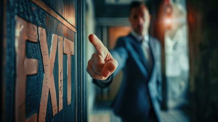 Wall Mural - male businessman points his finger to the exit