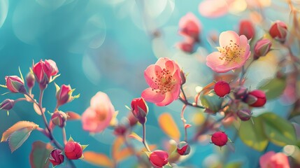 Wall Mural - This image captures stunning pink flowers and buds against a dreamy, vibrant blue bokeh background, highlighting their delicate beauty.