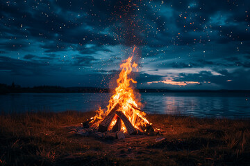 Bonfire burning brightly under a midsummer night sky