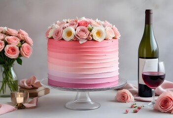 A pink ombre frosted cake with fresh flowers on top, placed on a table with a glass of wine and other decorative elements, roses, flowers, champagne, wine, candles, gold forks