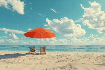 A calming beach image depicting two wooden lounge chairs facing a serene ocean under a bright orange umbrella, offering a perfect getaway vibe under a sky full of fluffy clouds.