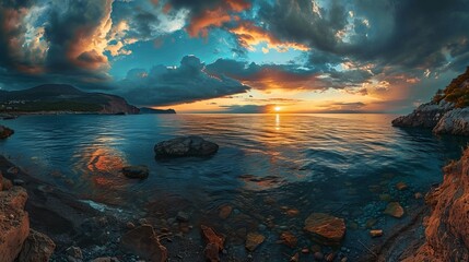 Canvas Print - The serene rocky seashore at either dusk or dawn showcases a stunning sunset, with dramatic clouds enhancing the peaceful and natural beauty of the scenery.