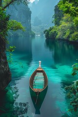 Canvas Print - This serene landscape features a wooden boat gently floating on crystal-clear blue water, flanked by lush green cliffs and a distant mountain view, creating a tranquil scene.