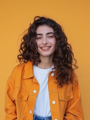 A cheerful woman with curly hair, wearing an orange jacket, poses happily against a vibrant orange backdrop, radiating positivity.