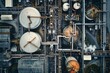 © capuchino009 - This image depicts an aerial view of an industrial facility with large cylindrical tanks, numerous pipes, and various buildings.