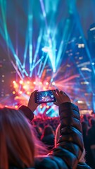 Someone using a smartphone to take a picture of a nighttime celebration with light displays