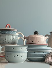 Poster - A group of blue and white polka dot ceramic bowls are stacked on a countertop in front of a blue wall. Generative AI