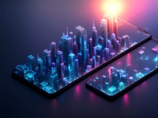 Poster - sleek smartphone with a city translucent 