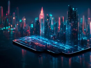Poster - sleek smartphone with a city translucent 
