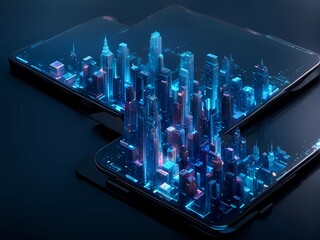 Poster - sleek smartphone with a city translucent 