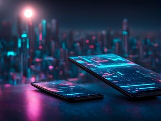 Poster - sleek smartphone with a city translucent 