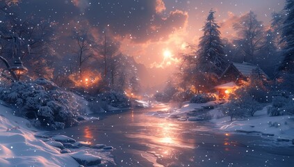 Winter Wonderland with a Cabin by a River