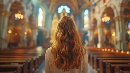 Wall Mural - rear view of a female Catholic churchgoer