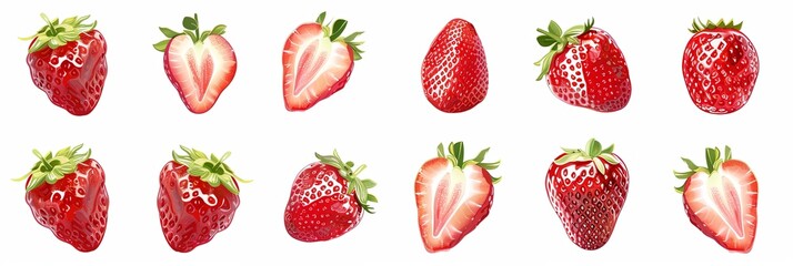 Aufkleber - A collection of twelve strawberries, some whole, some halved, are isolated on a white background. Generative AI