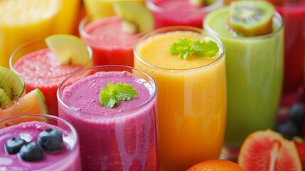 Poster - Close-up shot of various fruit smoothies in glasses on a countertop. The smoothies are vibrant colors, showcasing fresh ingredients and healthy options. Generative AI