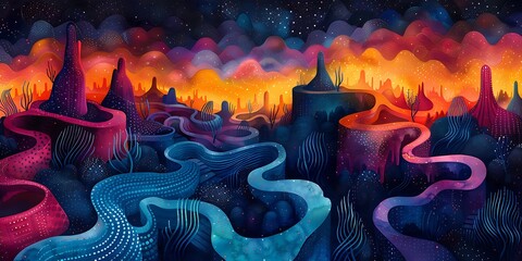 A vibrant and whimsical dot maze illustration.