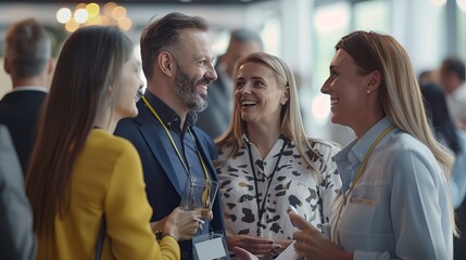 A group of colleagues engaged in lively conversation and networking during a modern, upscale professional event, showcasing camaraderie and collaboration in the workplace.