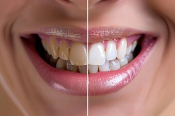 Poster - Close-up image showcasing a persons smile before and after teeth whitening, highlighting the dramatic change in tooth color. Generative AI