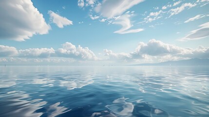 Poster - A wide shot of a calm ocean surface with a clear blue sky and fluffy white clouds. Generative AI