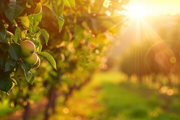 Poster - A close-up of apples on a tree branch in an apple orchard with the sun shining through the leaves. Generative AI