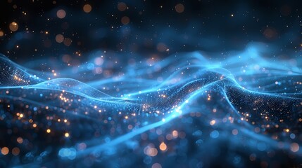 Abstract blue and gold light waves with bokeh effect, digital artwork. Futuristic technology and data visualization concept