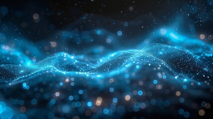 Wall Mural - Dark blue digital landscape with glowing particles, abstract technology background