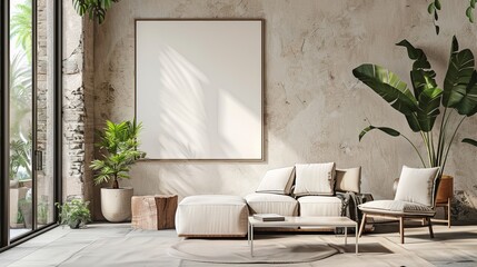 Poster - Minimalist living room featuring a comfortable white sofa, large blank wall art frame, plants, and natural light from a glass door creating a cozy, serene space.