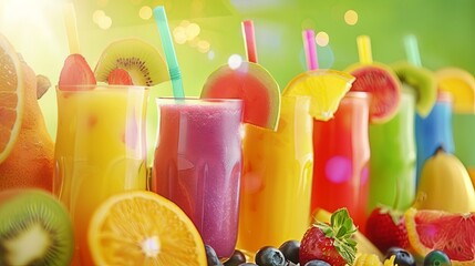 Poster - An assortment of colorful fruit smoothies with straws and garnishes. Generative AI