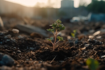 Wall Mural - A small plant is growing in a dirt field. The plant is surrounded by a lot of dirt and rocks. The image has a somewhat desolate and lonely feeling to it