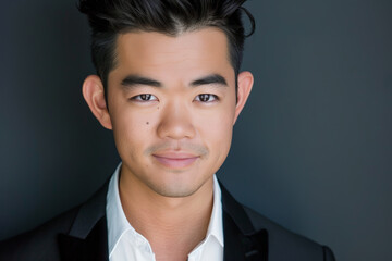 Wall Mural - Close-up portrait of a young man of Asian descent, studio photo, against a sleek gray studio backdrop